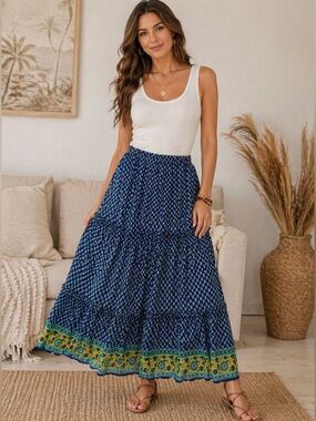 Papa Vancouver Navy Blue Maxi Skirt Boho Patterned Lined Elastic Waist M